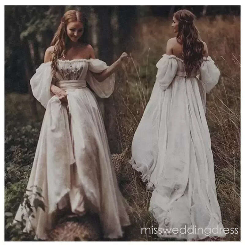 Vintage Wedding Dresses Bridal Gown Off The Shoulder Strapless Short Sleeves Tule Sweep Train Castle Country Custom Made Plus Size Vestidos BC9721