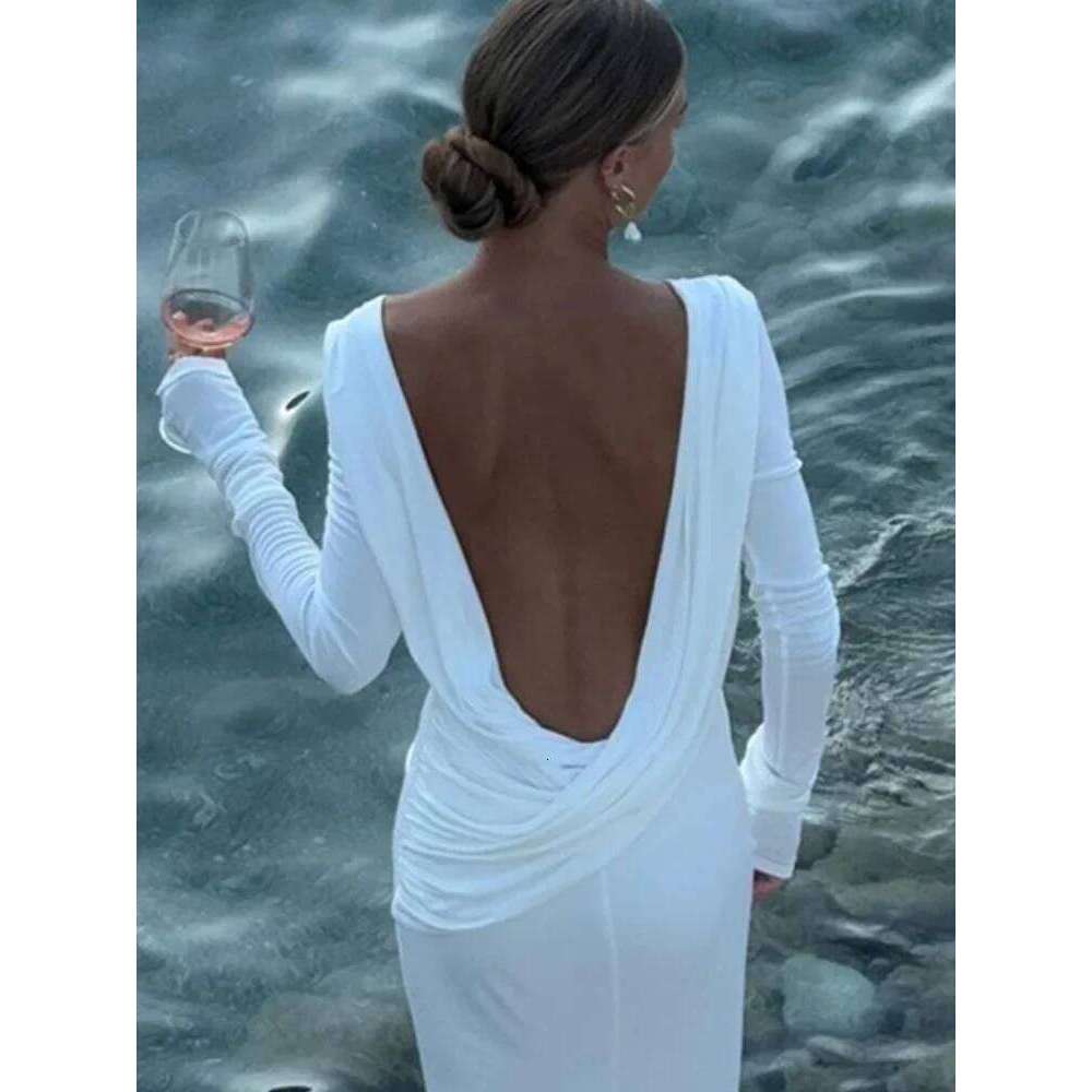 Chic Backless White Sleeved Slim Fit Dress for Women Pleated Elegant Round Neck Long Dresses 2024 New Female Evening Gowns C260312