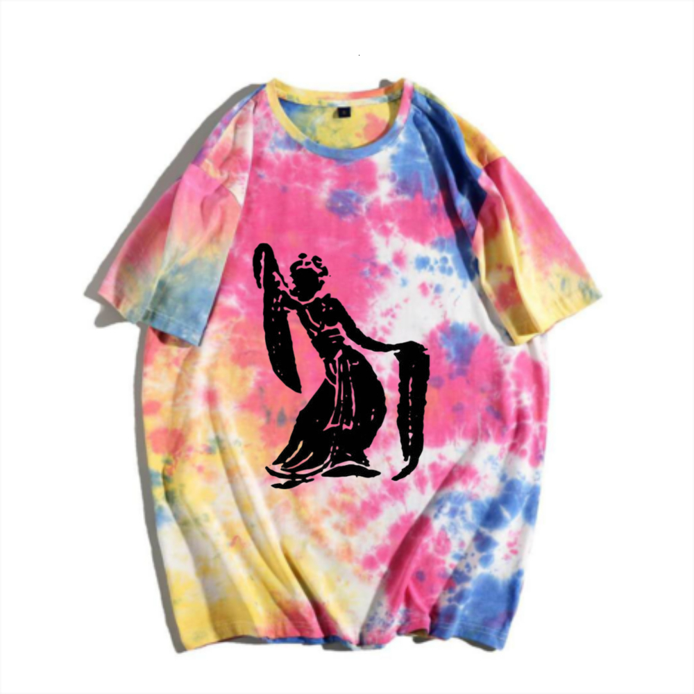 Chinese-style trendy new-style lady tie-dye short-sleeve T-shirt with rainbow gradient ancient-style figure print, men's versatile top for summer