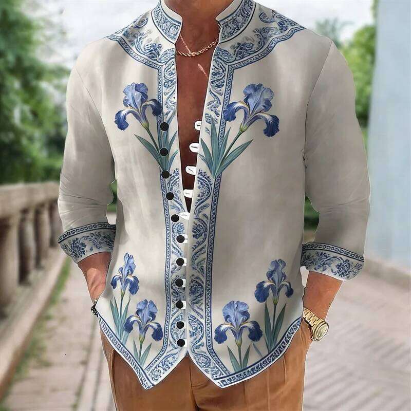 Flower, digital printing, fashion trend, street outdoor, high-quality and comfortable men's linen short-sleeved casual shirt