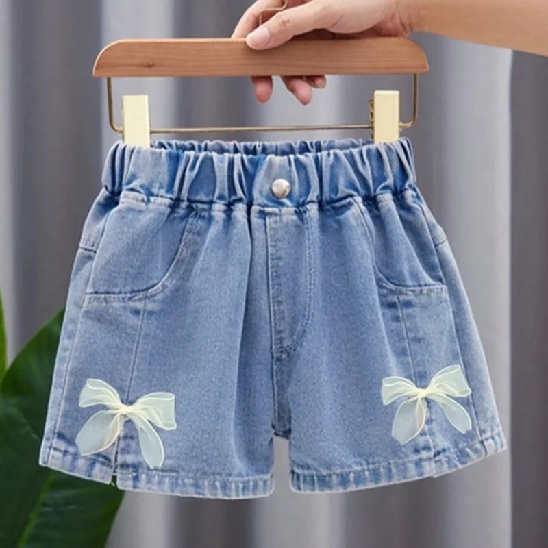 Summer Girls Lace Denim Shorts Korean Fashion Toddler Bow Ribbon Love Hearts Print Casual Versatile Children Clothing 260311