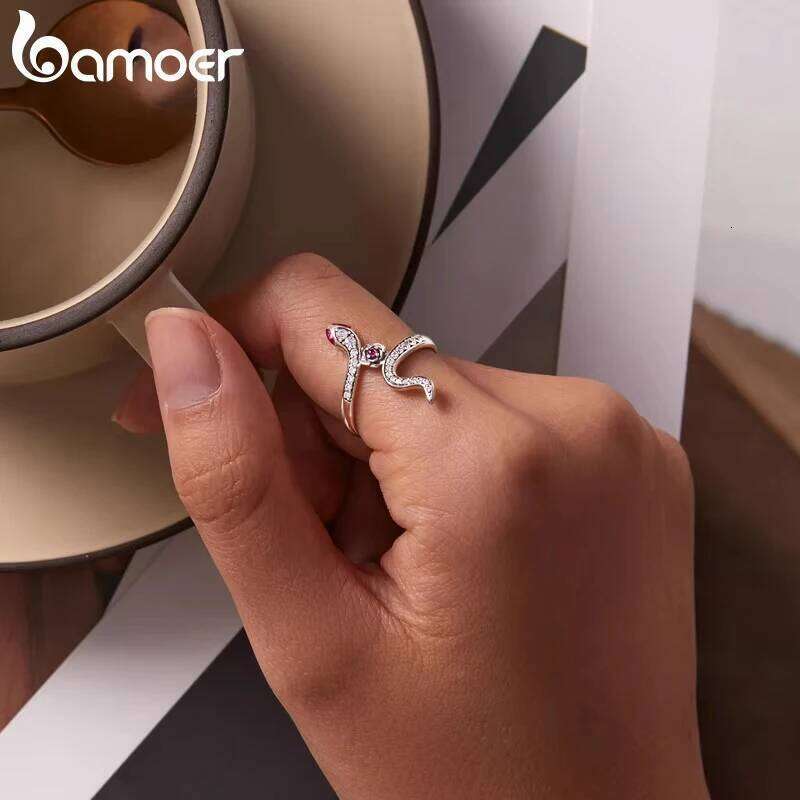 Bamoer 925 Sterling Silver Snake & Rose for Personality Cool Fashion Women Statement Ring H260312