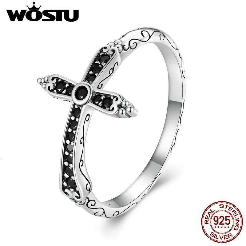 WOSTU Vintage 925 Sterling Silver Black Zircon Cross Rings For Women Retro Punk stackable Ring Hip Hop Jewelry Gift CQR930 H260312