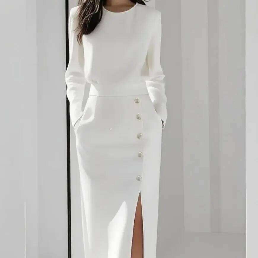 Women's Solid Color Long Sleeves Elegant Midi Dress with Button Details and Side Slit - Crew Neck C260312