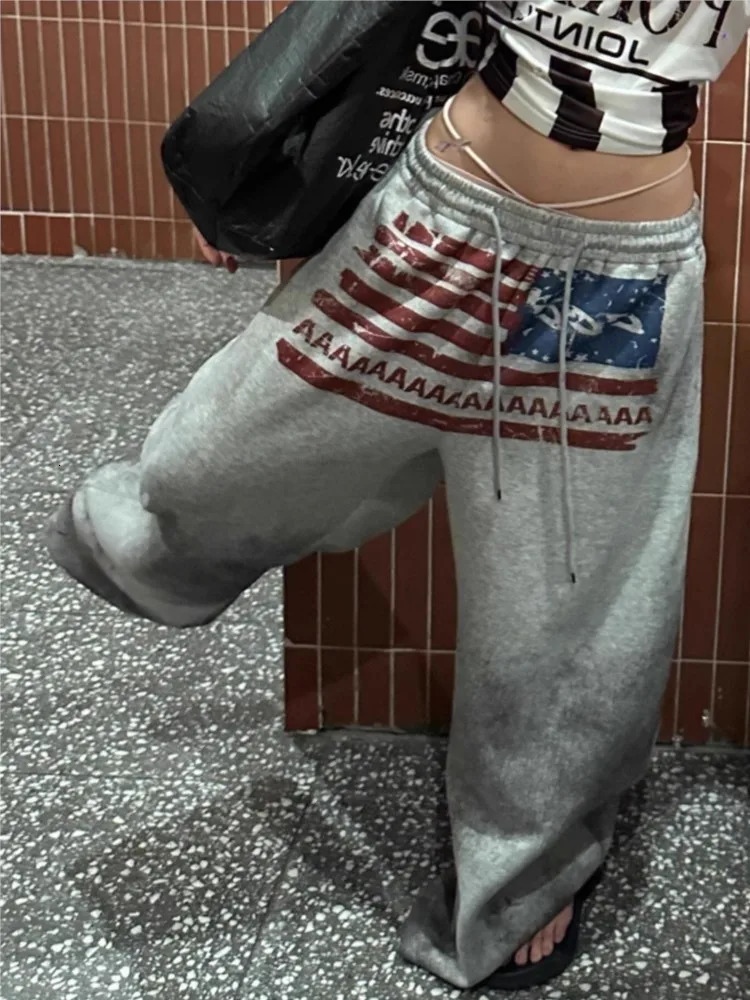 Y2K College American Hip-hop Goth Print Drawstring Wide Leg Sweatpants Loose 90s High Street Sports Trousers Floor Length Pants 260310