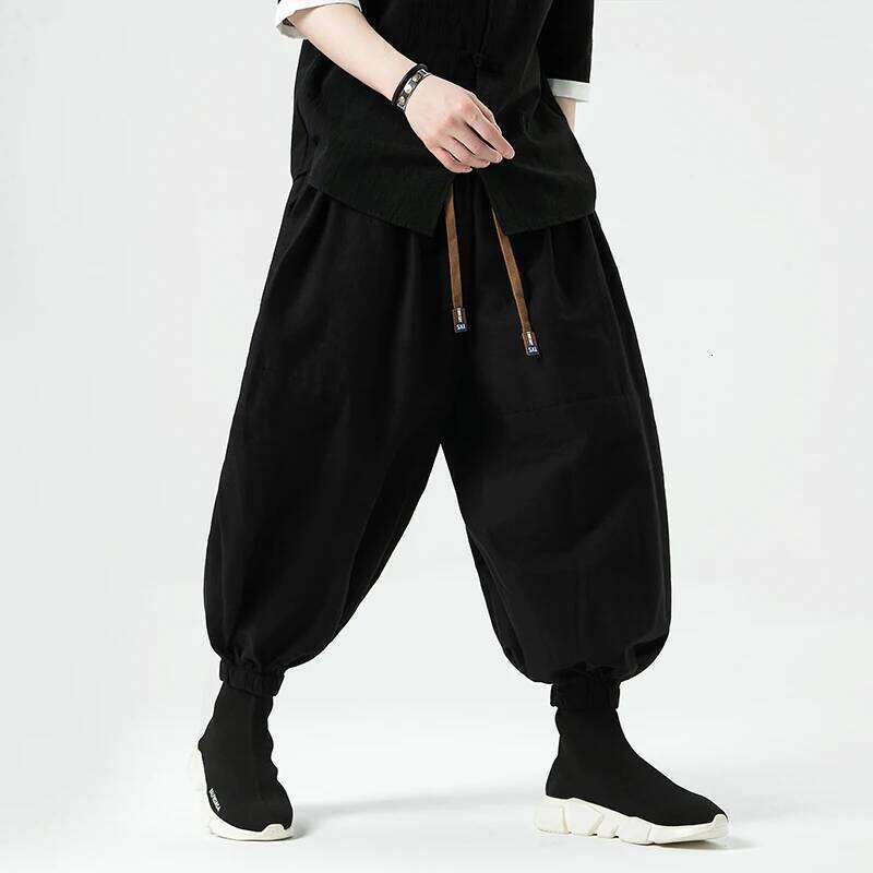 2024 Summer Wide Leg Dark Wind Solid Color Casual Japanese Styles Harun Men Cotton Linen Lantern Pants