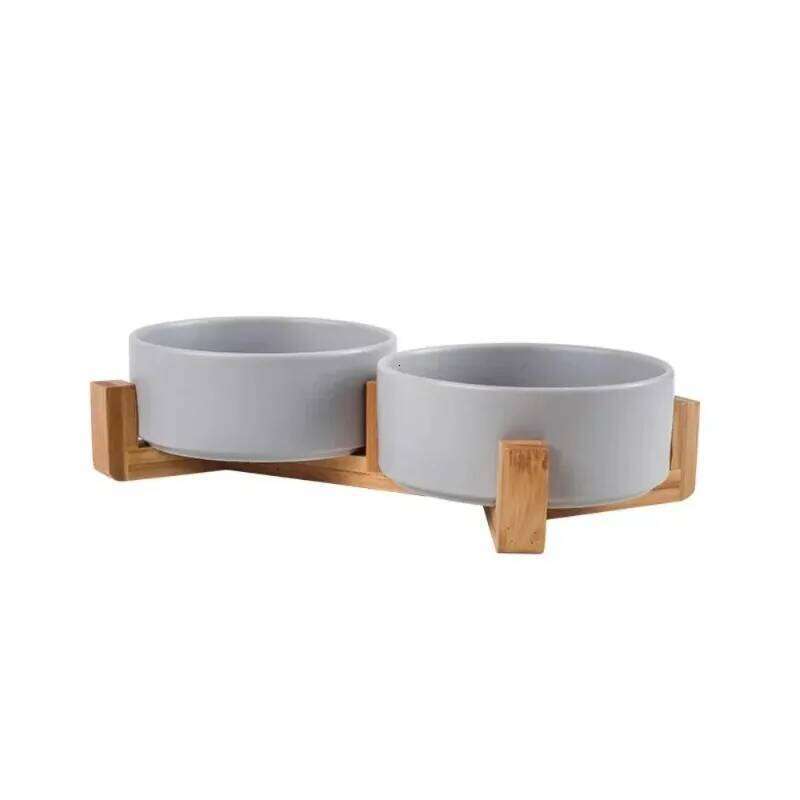 Double Pet Bowl Integrated Wooden Stand Elevated Dog Cat Feeder Cervical Spine Protection Hygienic Food Water Dish Set 26Y0312