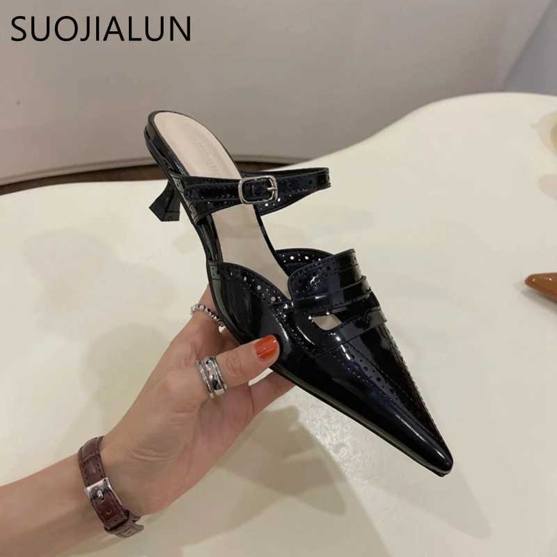 SUOJIALUN 2024 Spring New Women Slipper fashion Pointed Toe Slip On Mules Shoes Thin High Heel Outdoor Dress Sandal Pumps K260312