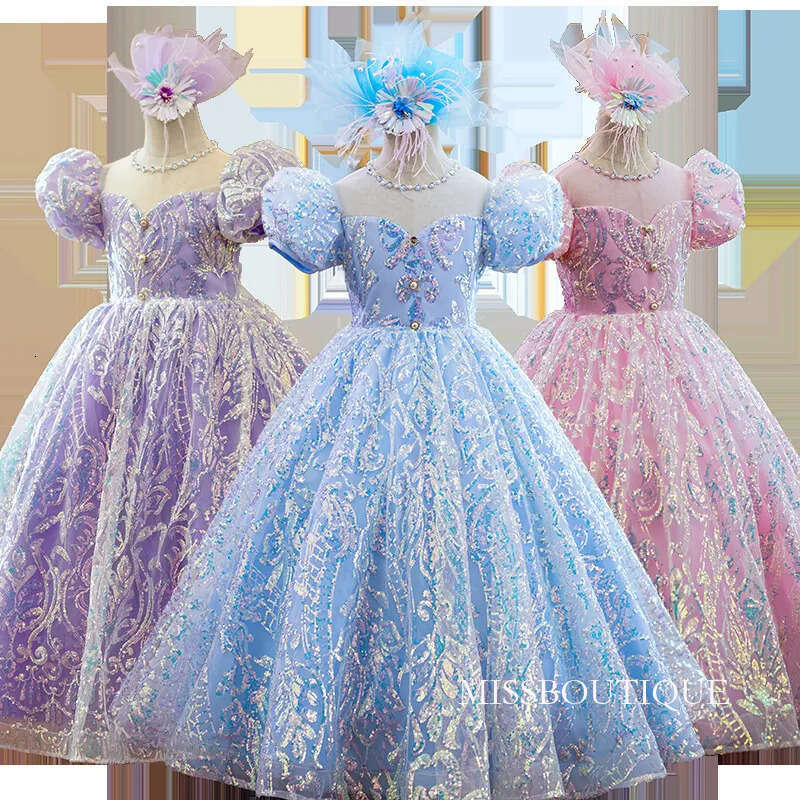 Light Sky Blue Flower Girl Dresses Long Sequined Lace Wedding Appliqued Ball Gown Toddler Pageant Gowns Tulle Custom Made First Holy Communion Dress 4