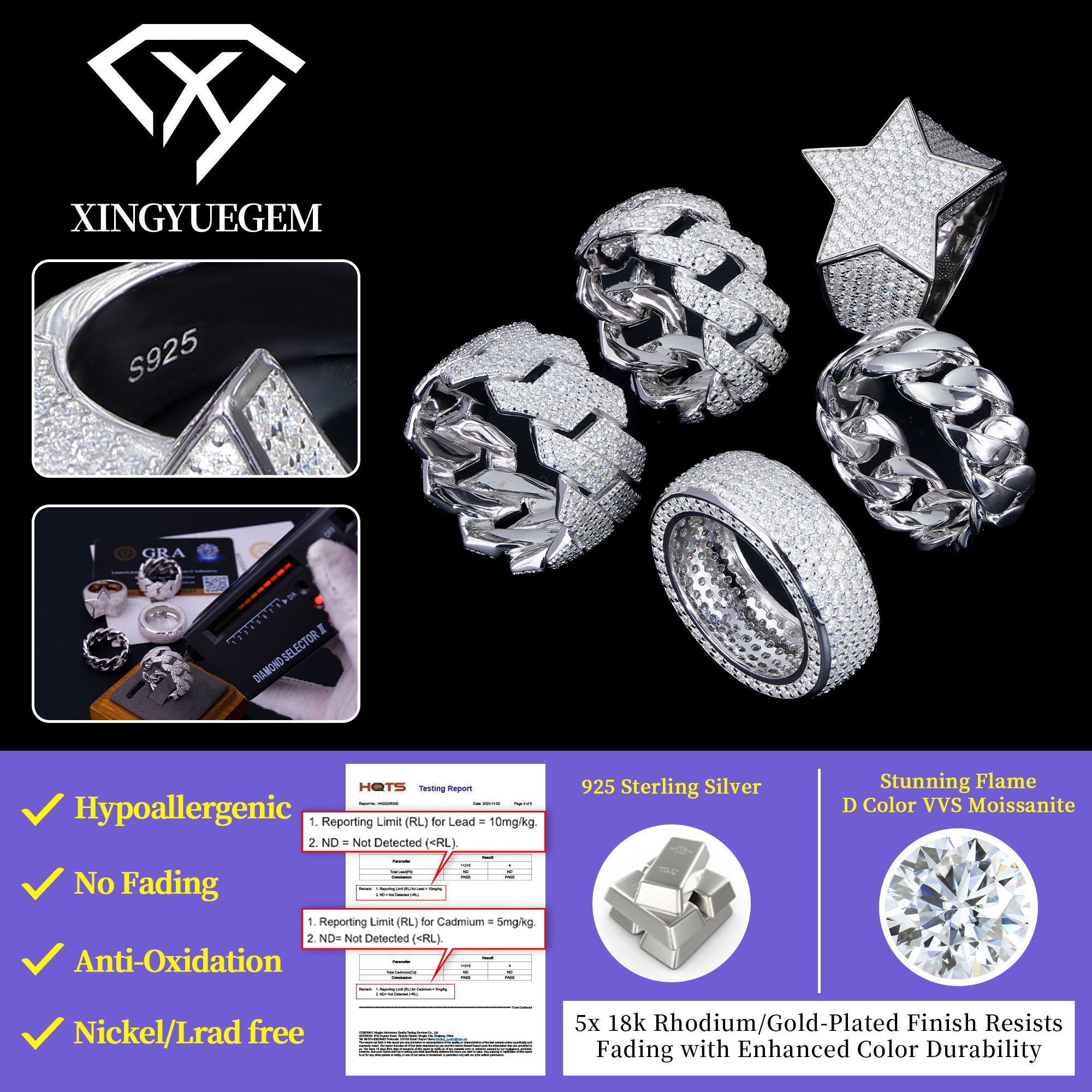 Stock Wholesale Custom Hip Hop Cluster Ring 925 Sterling Silver Full Crushed Iced Vvs Moissanite Prong Setting Men