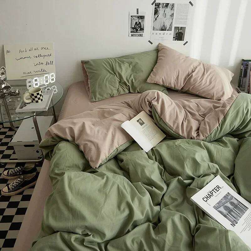 High Quality Solid Color Double Washed Cotton Bedding 4 Pieces Student Dormitory Linen Duvet Set Bed Suit H260312