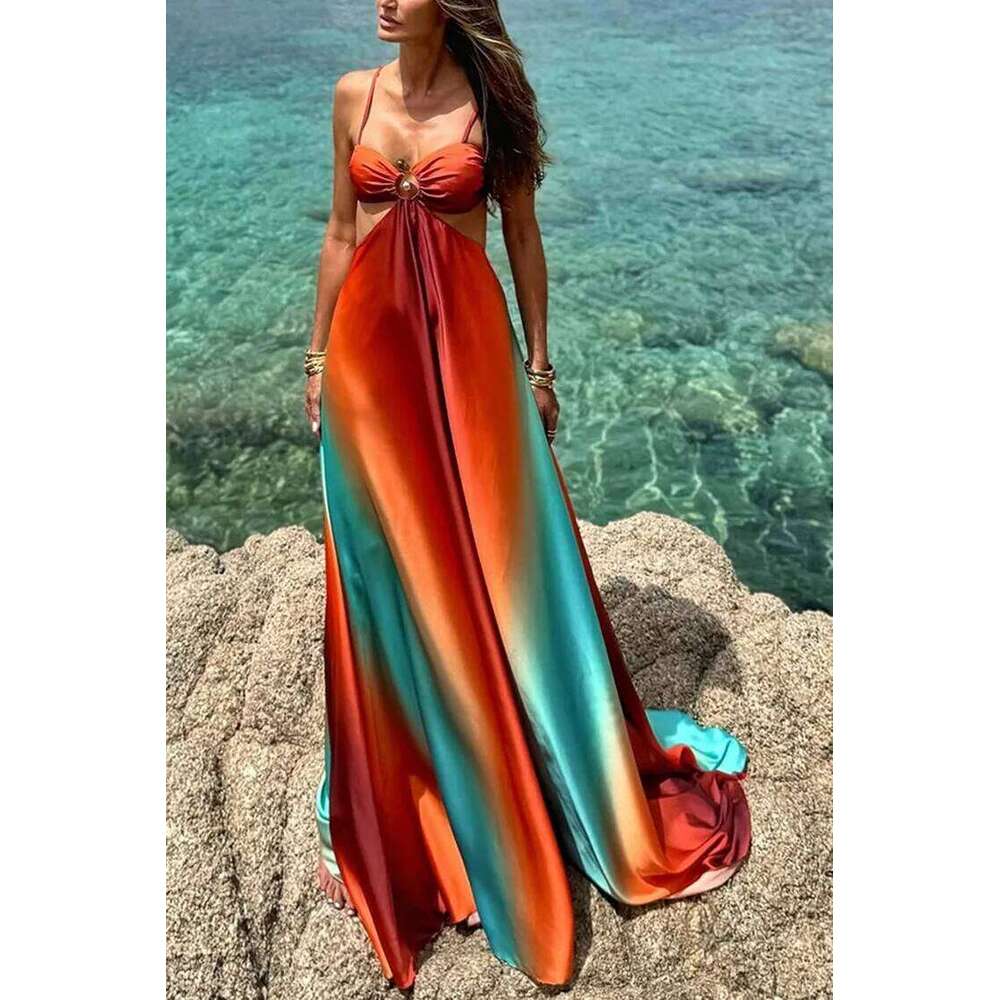 Sexy Gradient Hollow Out Maxi Dress Women Backless Sleeveless Sling Long Dresses 2025 Summer Vacation Boho Beach Satin Robes C260312
