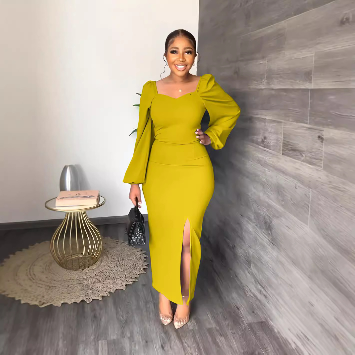 Womens Hot-Selling Solid Color Long-Sleeve Sexy Backless Bodycon Slit One-Piece Dress