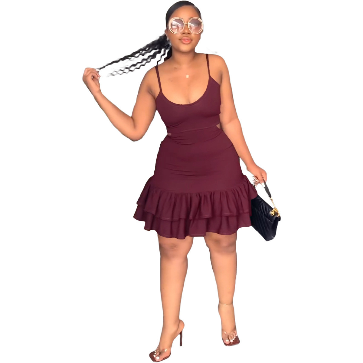Womens Casual Fashion Strap Low-Cut Ruffle Hem Bodycon Dress