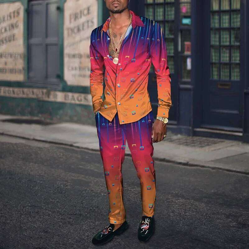 Fashion Summer Men Casual Sportswear 3D Print Striped Patches Men's Lapel Sleeve Shirt Long Pants 2 Piece Sets Clothing