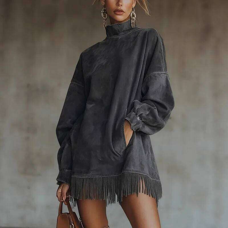 Fashion High Collar Velvet Pullovers Temperament Long Sleeve Loose A-line Elegant Solid Color Women's Commute Dress C260312