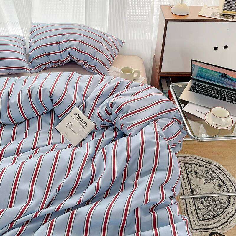 Korean Style Striped Duvet Washed Cotton 3/4pcs Bedding Set with Quilt Cover Bed Sheet Pillowcase Durable Breathable H260312