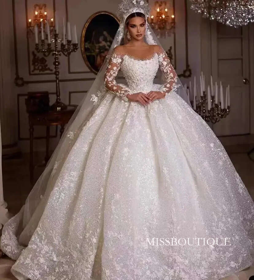 Long Sleeves Shiny Tulle Princess Garden Country Vintage Lace Sexy Plus Size Custom Made Wedding Dresses Ball Gowns Cathedral Train Bridal Dress 403 B