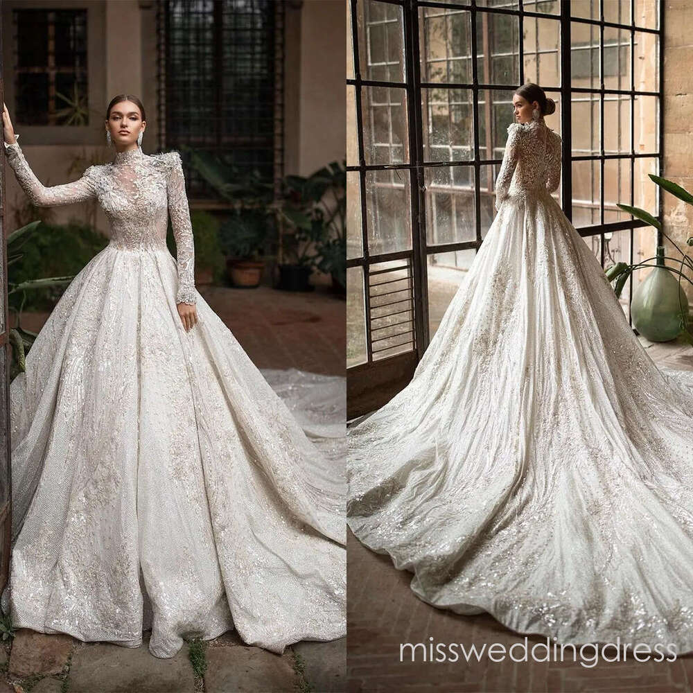 Glamorous Sequined Wedding High Collar Bridal Gowns Beaded A Line Sweep Train Bride Dresses Custom Made Plus Size