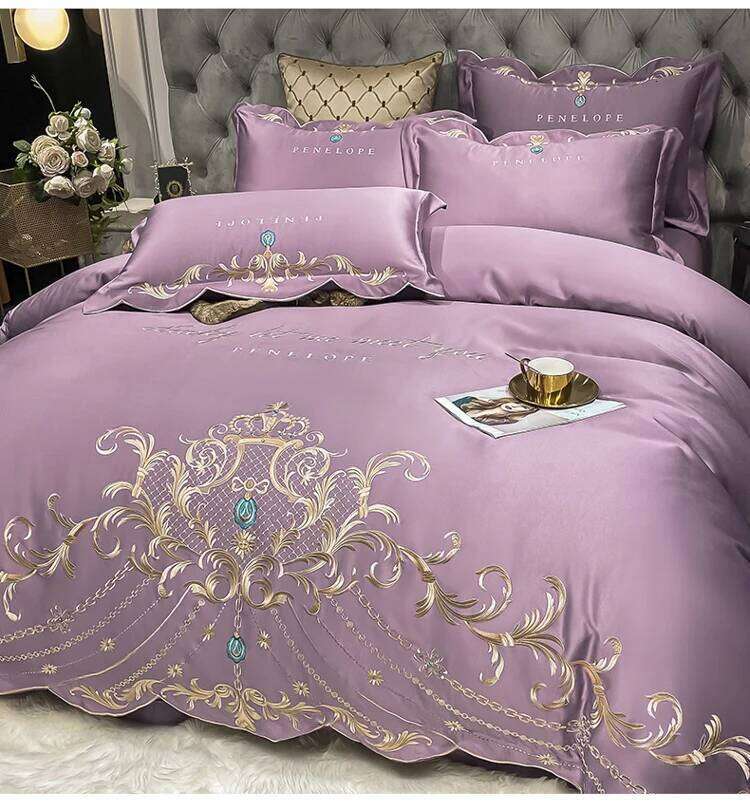 4pcs Gray Sateen Gold Embroidery Satin Cotton Bedding Set Double Queen King Comforter Cover Bed Sheet Pillowcases 48x74cm H260312