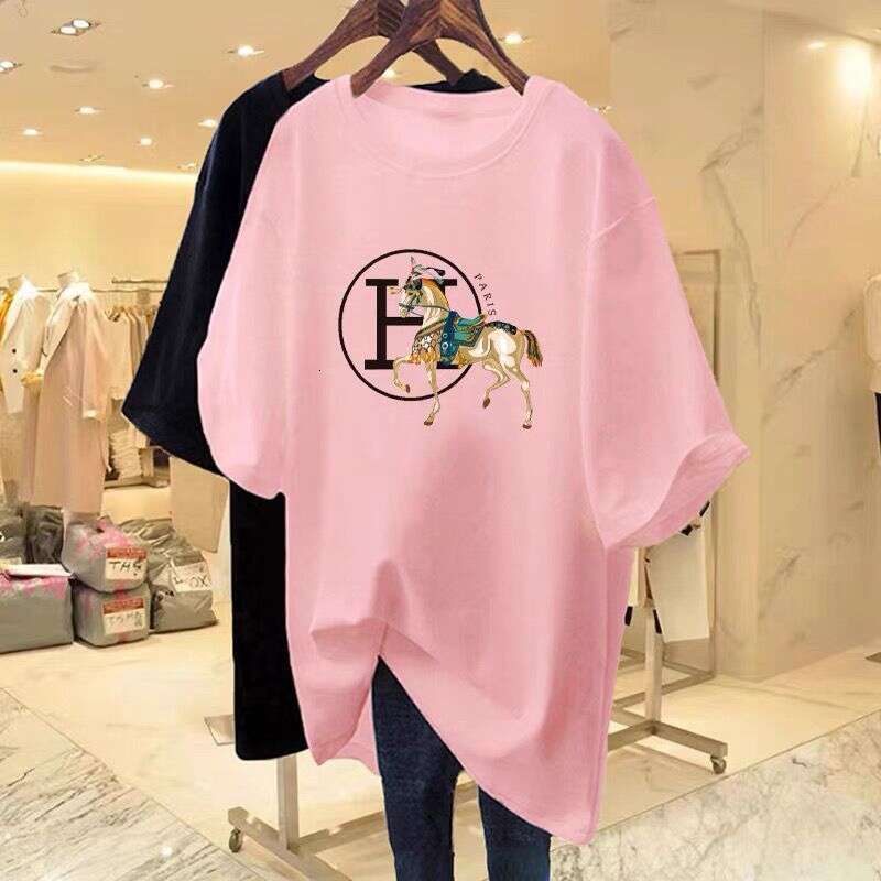 Horse-Patterned Dragon Fruit Red Women's T-Shirt New Model, Pure Cotton, Loose-Fitting, Mid-Length Short-Sleeve T-Shirt Asia Size