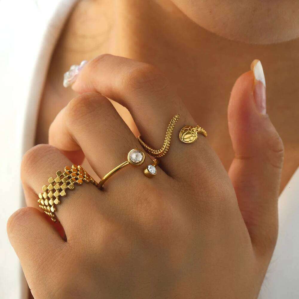 DGIDDK Stainless Steel Geometric Hollowing Design Open Snake Ring 3 Piece Set Women Simple Fashion Adjustable Finger Jewelr H260312