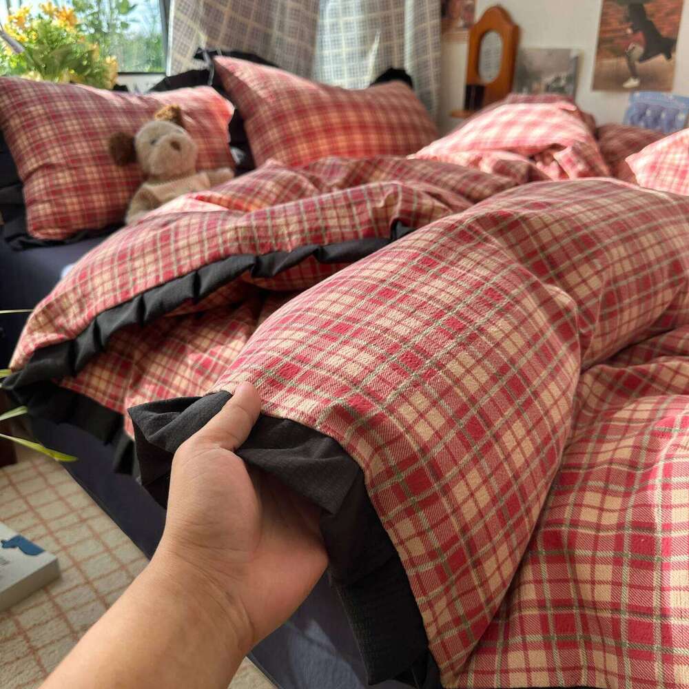 Plaid Bedding Double Yarn Classic Vintage Duvet Cover Flat Sheets Set 2 Pillowcases Single Twin Full Queen Size H260312