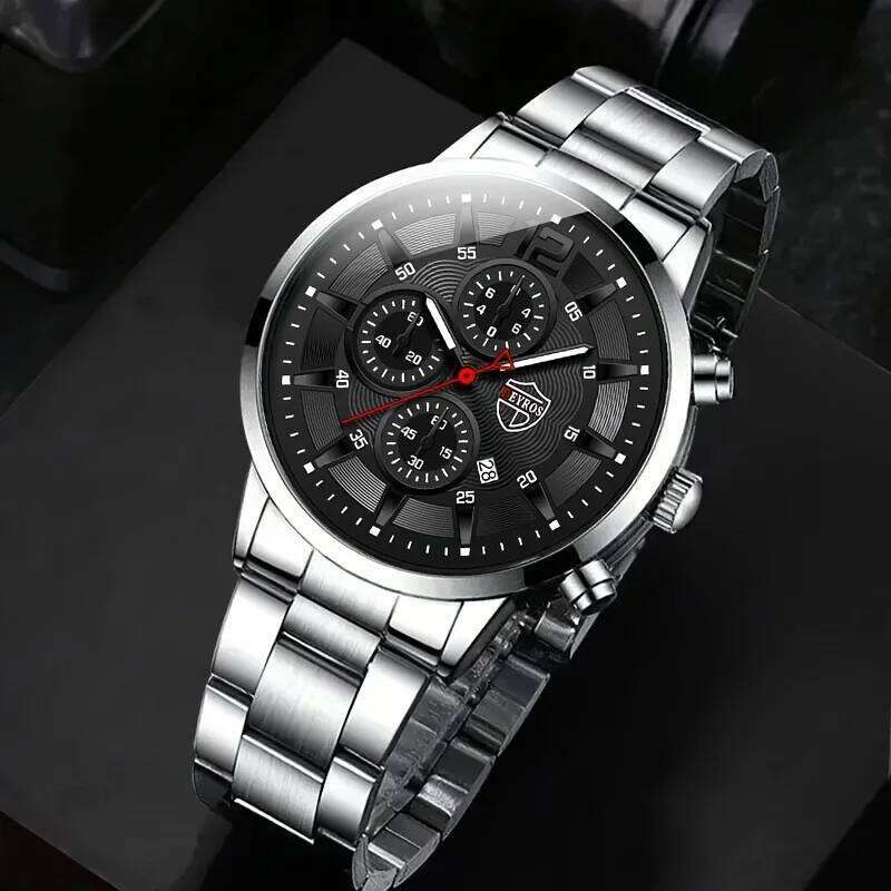 5 Pcs/set Men's Fashion Watch Set, Quartz Wristwatc Hip Hop Cuban Chain Necklace, Bracelet & Ring, Business Style Accessories