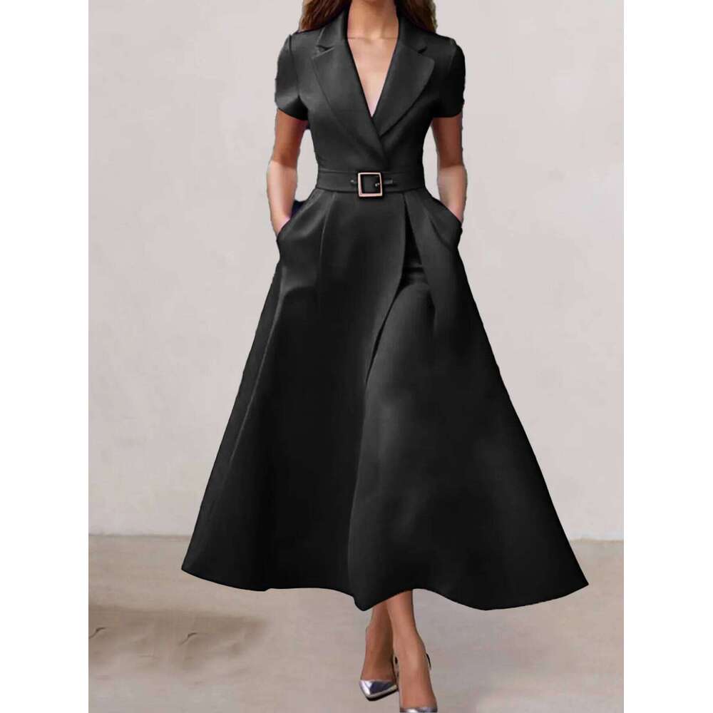 Women Elegant Satin Pleated A-Line Dress with Belt Lapel Collar Short Sleeve Black Office Lady Casual Dresses C260312