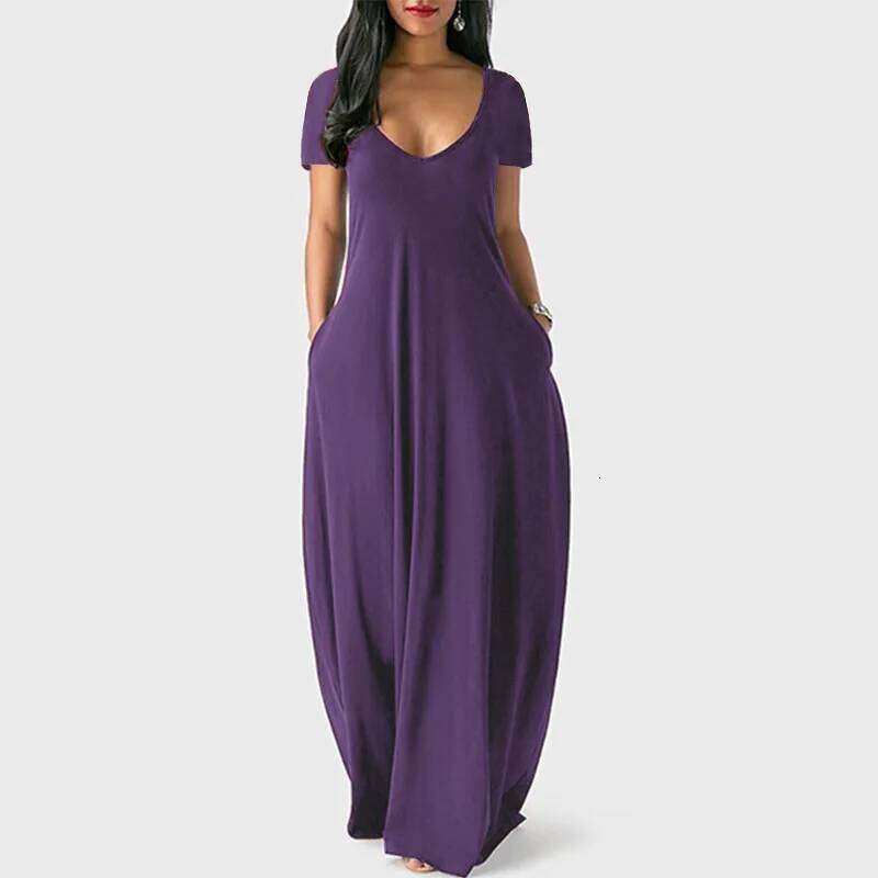 European American spring and summer women's solid color dress sexy deep V short-sleeved long skirt C260312