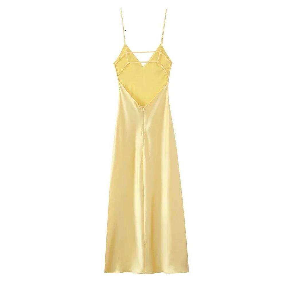 Yellow Satin Sling Dress Women Elegant V Neck Sleeveless Backless High Waist Maxi Dresses 2025 Summer Lady Party Evening Robes C260312