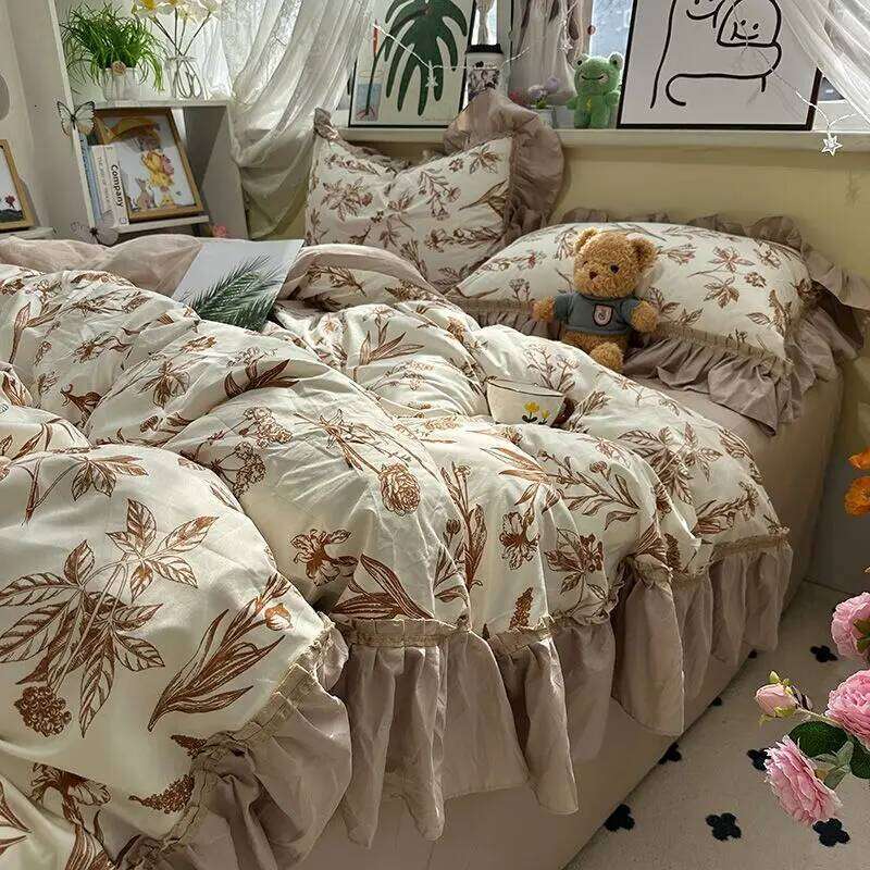 French Vintage Floral Bedding Four-Piece Elegant Flat Bed Sheet Set With 2 Pillowcases Twin Queen Size For Women Girls H260312