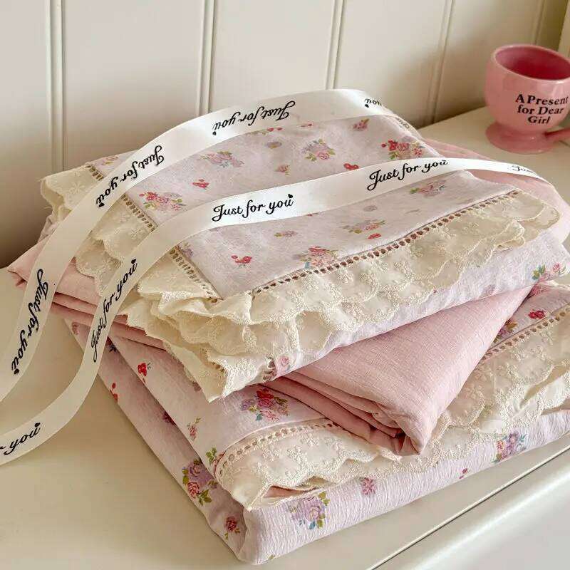 Korean Girly Heart Floral Double Layer Gauze Four-Piece Set Princess Style Lace Trim Quilt Cover Bed Sheet Dormitory H260312