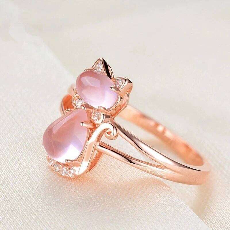Huitan Rose Gold Color Cat Rings for Women Cute Girls Gift Exquisite Finger Accessories Party Daily Wearable Statement Jewelry H260312
