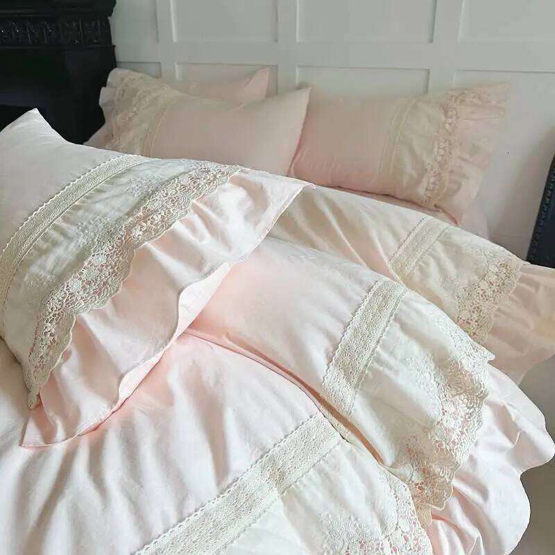 Pink Princess Wedding Lace Ruffles 100% Cotton Bedding Set Duvet Cover Bed Sheet/Bed Skirt/Fitted Sheet Pillowcases 4Pcs H260312