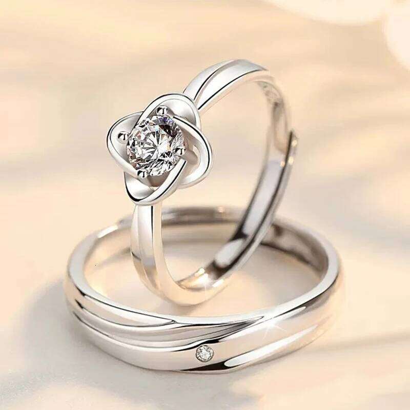Couple's Four-Leaf Clover Rings Open Finger Silver Wedding Bands Custom Valentine's Day Gift Lucky Birthday Jewelry W260311