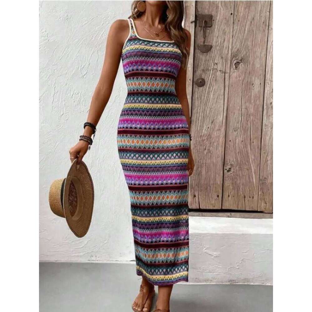 Spring new European and American women's personality street fashion casual stripes sleeveless square collar dress women C260311