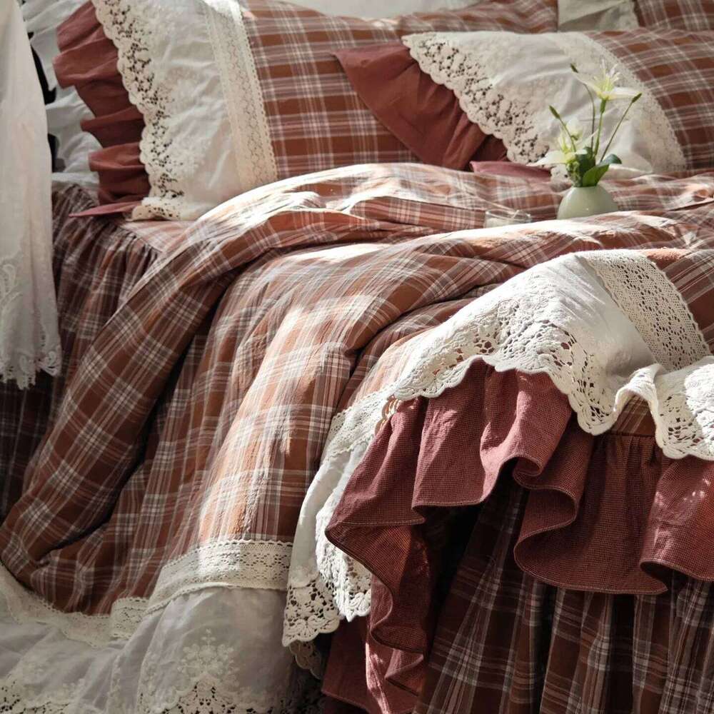 Korean Style Colorful Checkered Princess Bedding Set, 100% Cotton Washed Yarn-Dyed Lace Ruffle Skirt Duvet Cover Bed Linen H260312