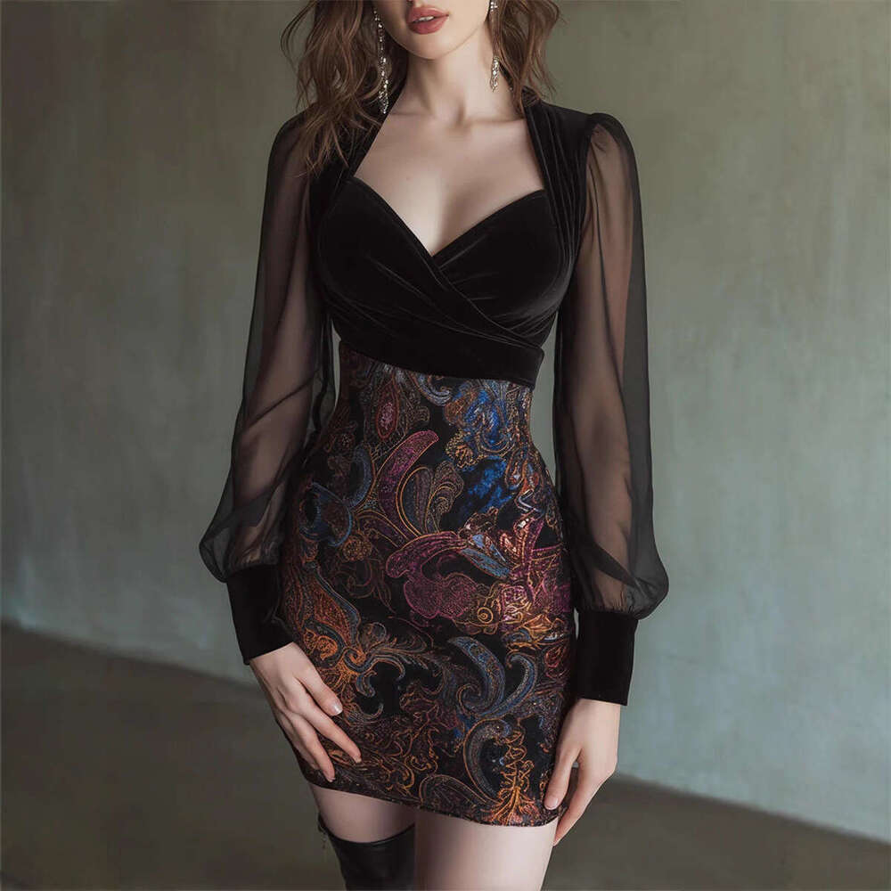 Women Floral Print Mini Dress Elegant Sexy V Neck See-through Mesh Splicing Long Sleeve Bodycon Hip Dress Temperament Dresses