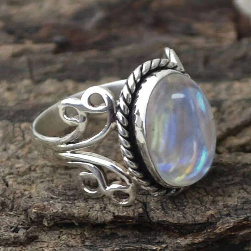 Huitan Boho Style Women Rings with Oval Imitation Opal Stone Hollow Out Band Ethnic Female Accessory Unique Jewelry for Vocation H260312