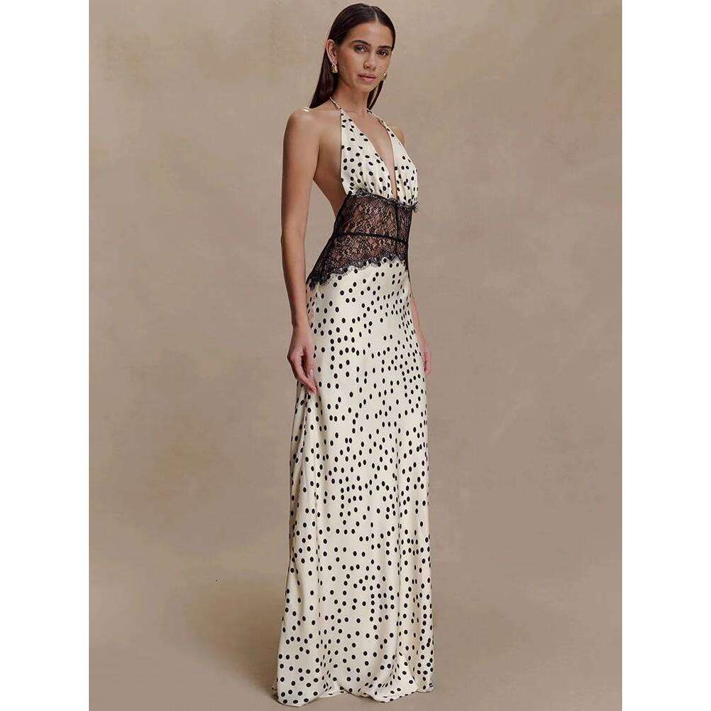 Mozision Polka Dot Backless Sexy Maxi Women Gown Elegant Patchwork Lace Halter Deep V Neck Sleeveless Bodycon Club Dress C260312