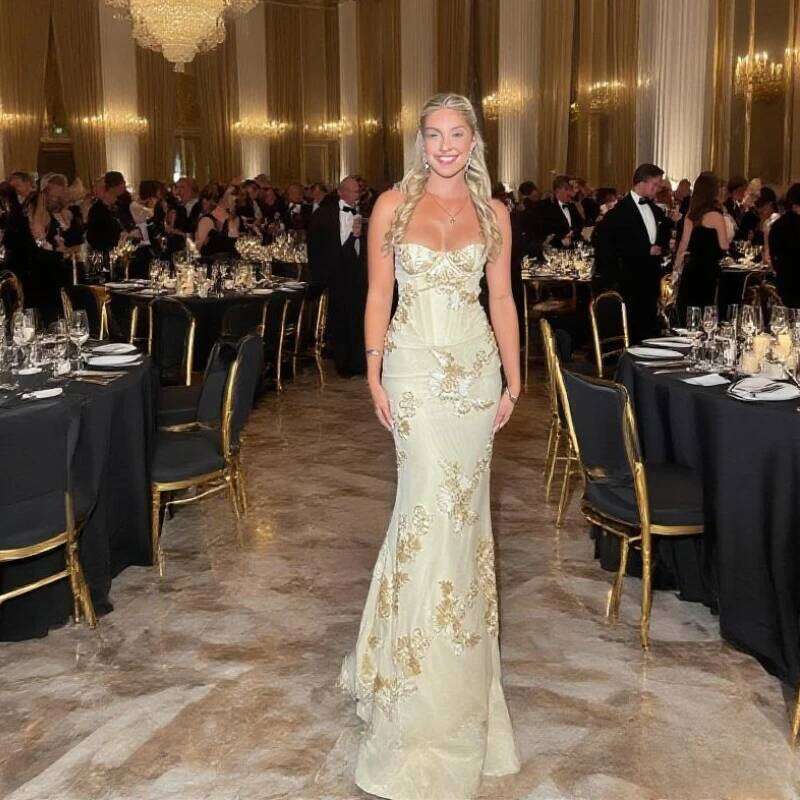 Mingmingxi Women Maxi Backless Sexy 3D Floral Embroidery Mermaid Gown Yellow Formal gala Prom Party Dress Long C260312