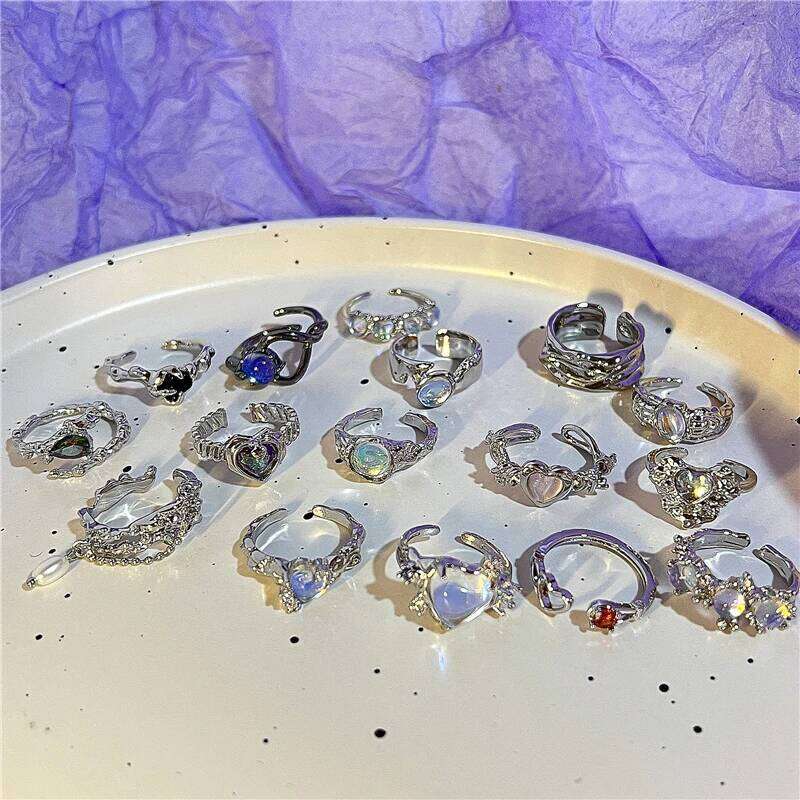 Kpop 90s Grunge Aesthetic Irregular Liquid Metal Heart Moonstone Open Ring For Women Vintage Jewelry EMO Y2K Accessories H260312