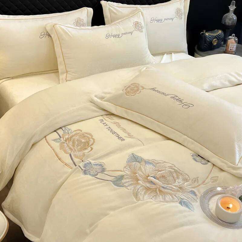 Thickened thermal embroidery four-piece winter double-sided fleece bed sheet quilt cover bedding kit H260312