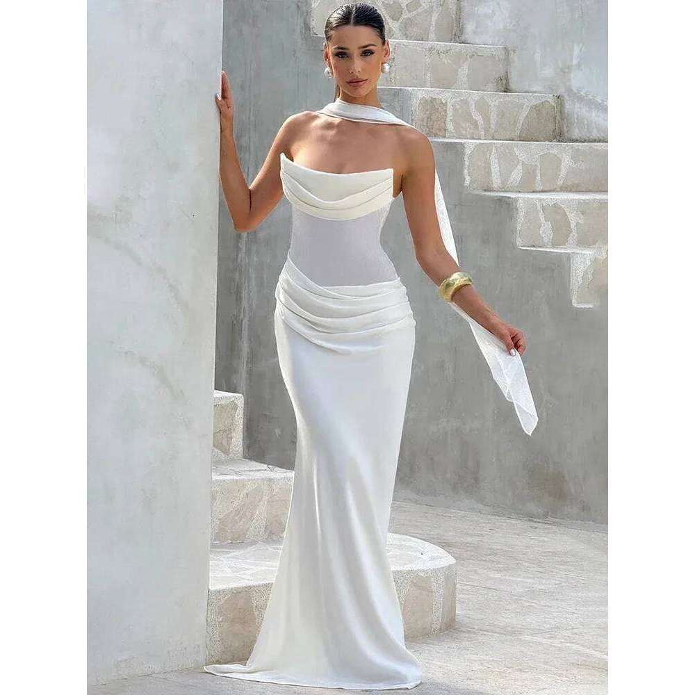 Off-shoulder Backless Sexy Maxi Dress Women Gown Elegant Scarf Collar Strapless Sleeveless Bodycon Club Party Dresses C260312