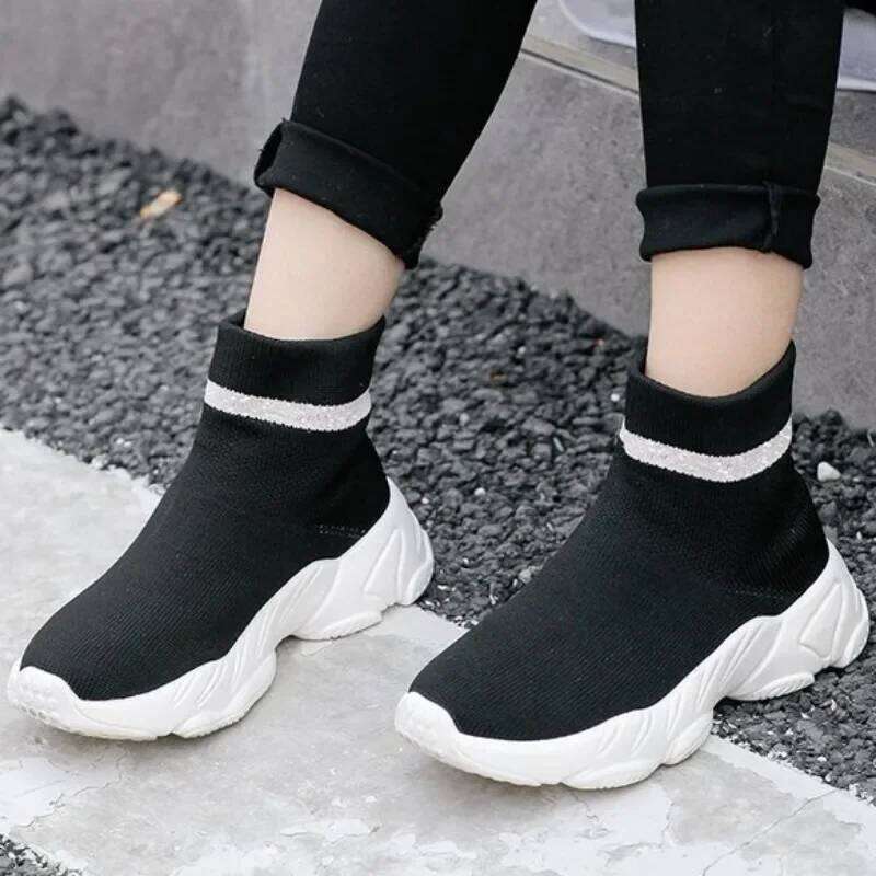 Kids Knitted Sock Fashion High Top Breathable Sneakers for Boy Girl Slip on Ankle Boots Non-slip Casual Sports Shoes Tenis H260312