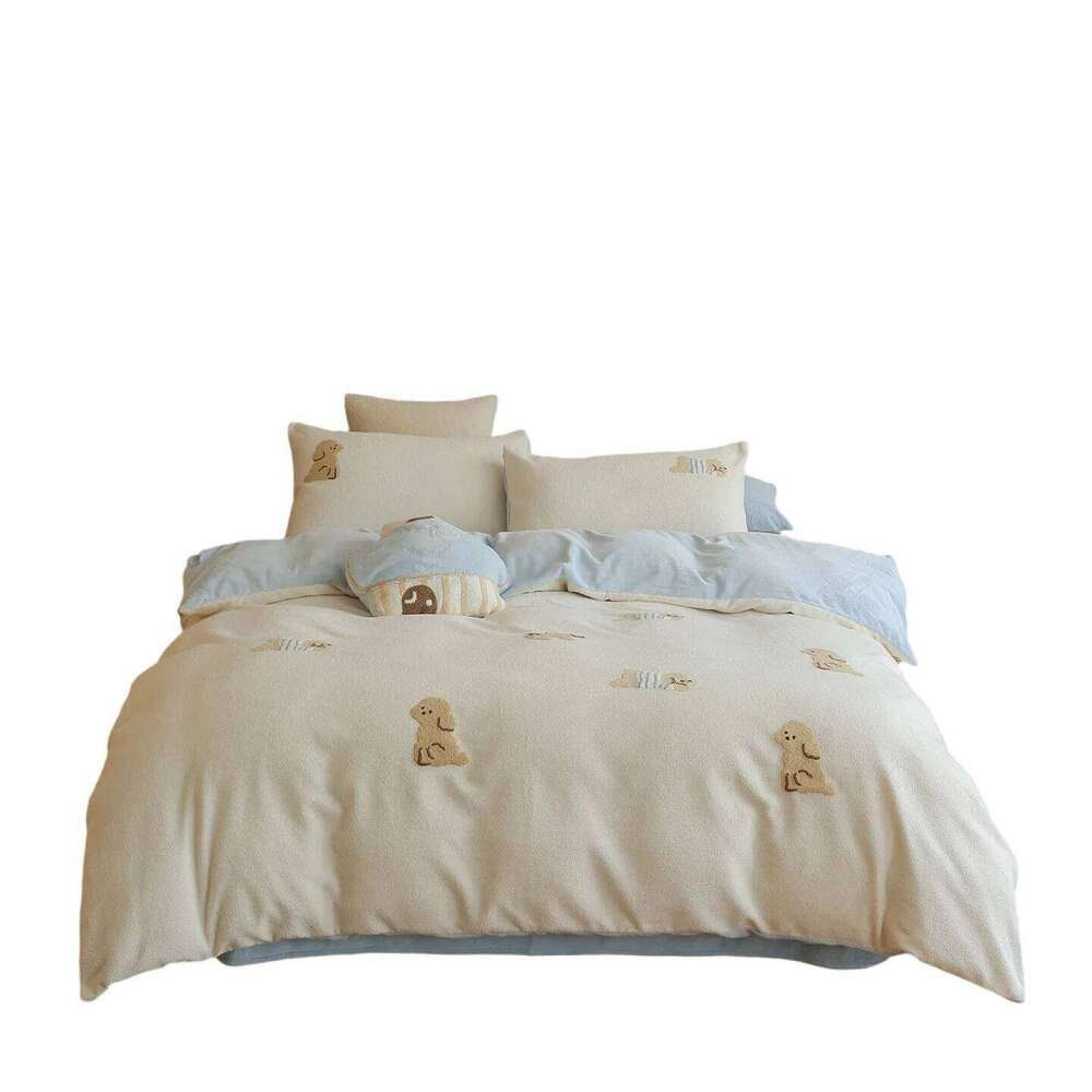 Cartoon style thickened warm winter milk fleece four-piece set towel embroidered quilt cover mattress bedding H260312