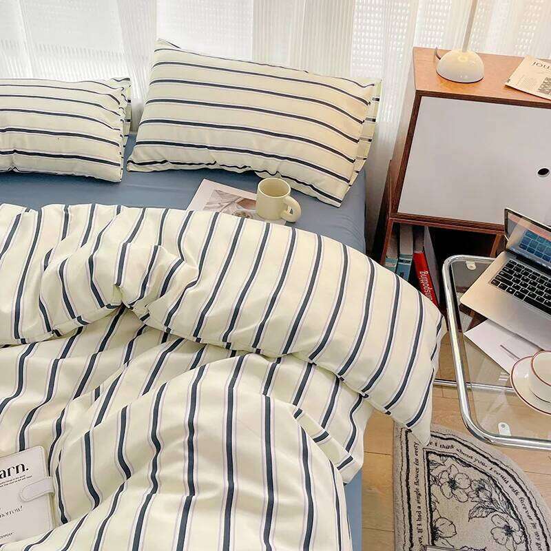 Korean Style Striped Duvet Washed Cotton 3/4pcs Bedding Set with Quilt Cover Bed Sheet Pillowcase Durable Breathable H260312