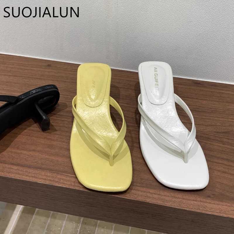 SUOJIALUN 2025 Summer New Women Slipper Fashion Narrow Band Slip On Flip Flop Shoes Square Med Heel Dress Slides Shoes K260312
