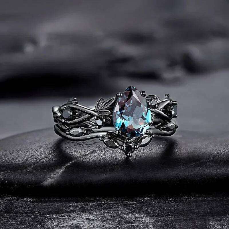 European and American fashion gun black inlaid sea blue zircon women's ring H260312